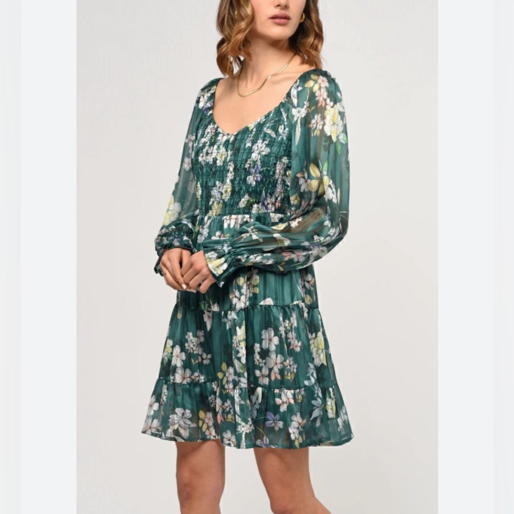 NEW Greylin Janelle Smocked Tiered Forest Green Floral Print Mini Dress